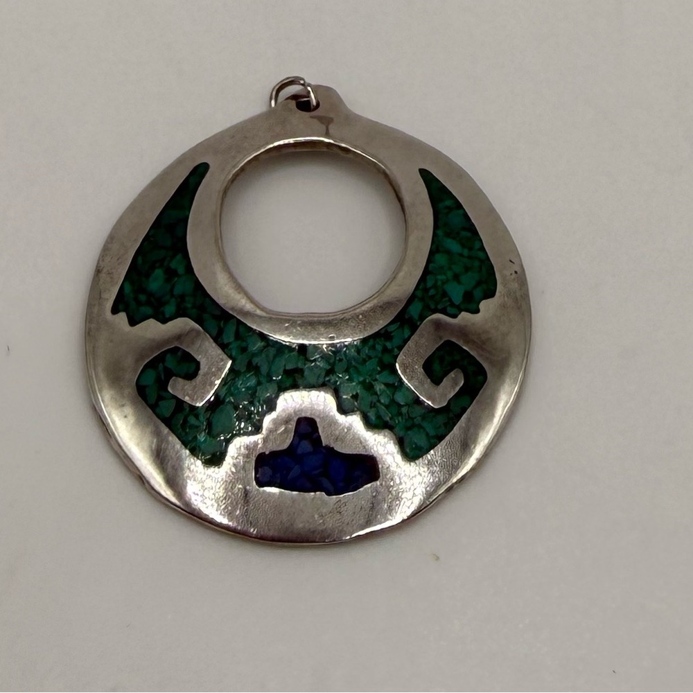 Mexican Alpaca Silver Inlay Pendant Malachite Lapis 1.25”